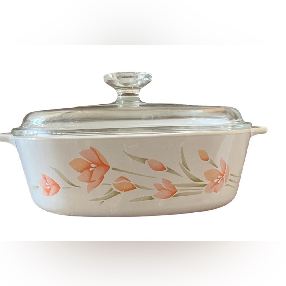 Corningware peach floral A-2-B 2 Liter baking dish & pyrex A-9-C glass top